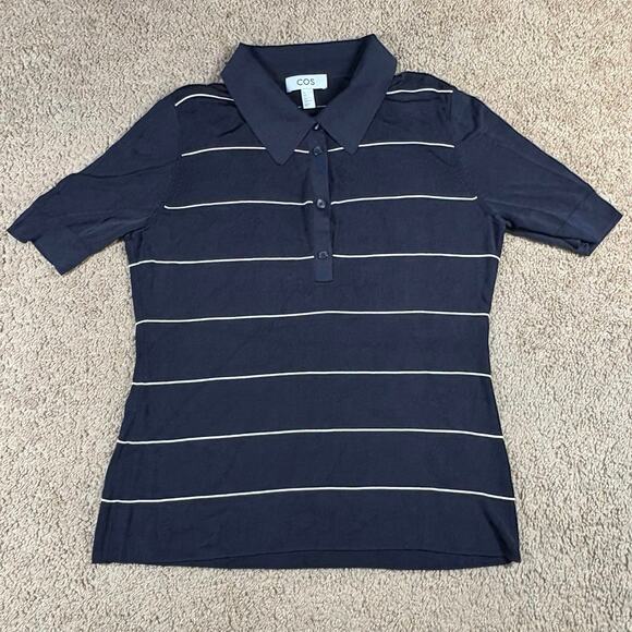 COS Women’s Knitted Polo Shirt Black Stripe Short Sleeve Size Large Pre owned - Picture 1 of 3